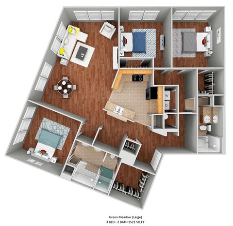 Floor plan for 3 beds, 2 baths, 1221 sqft